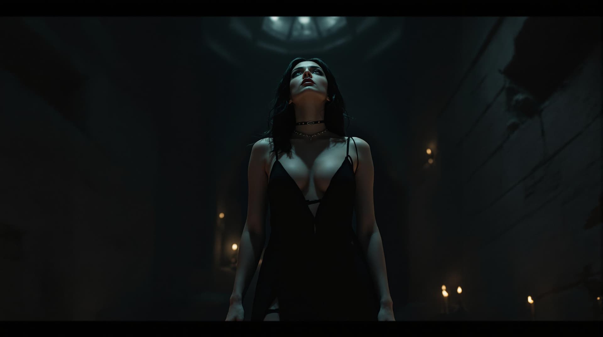 AI generated: a dramatic scene of a woman standing in a dimly lit, eerie environment. She has dark hair that falls...