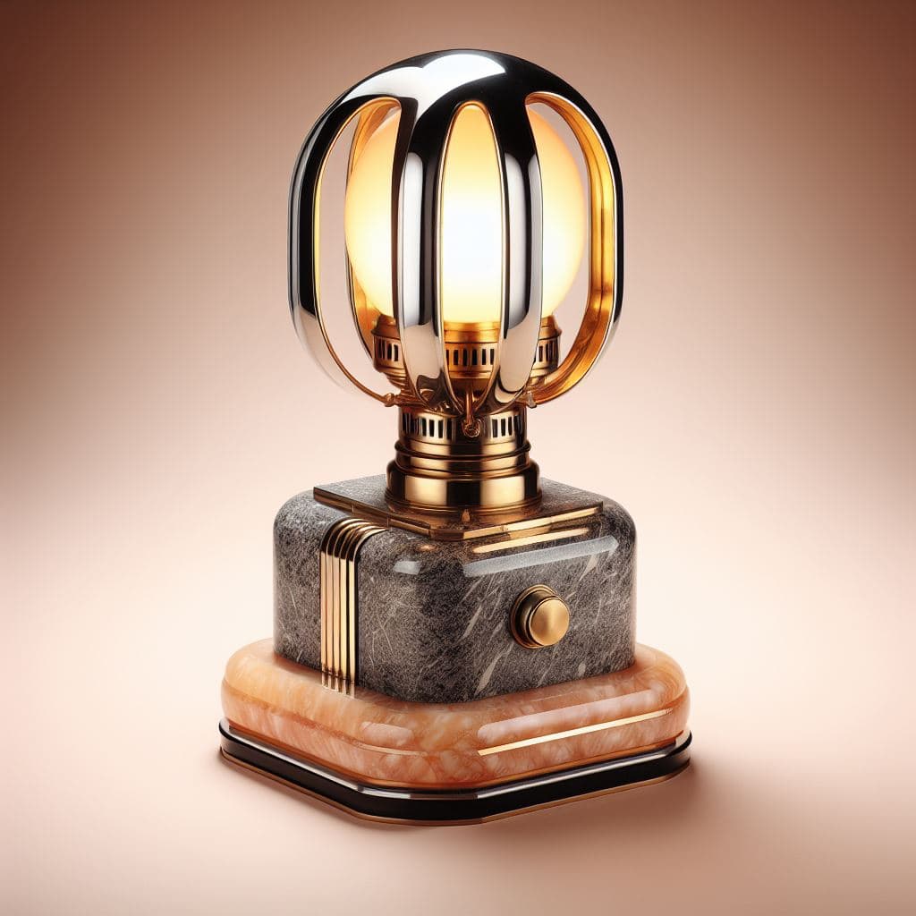 AI generated: 1930s gas lamp made of brass, OR chrome AND marble OR onyx OR mahogany, style of Streamline Moderne,...