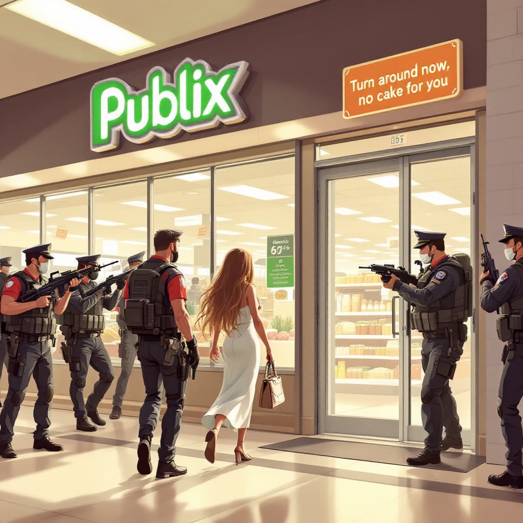 AI generated: A scene of a long haired girl with a fancy purse trying to walk into a supermarket, but there are mu...