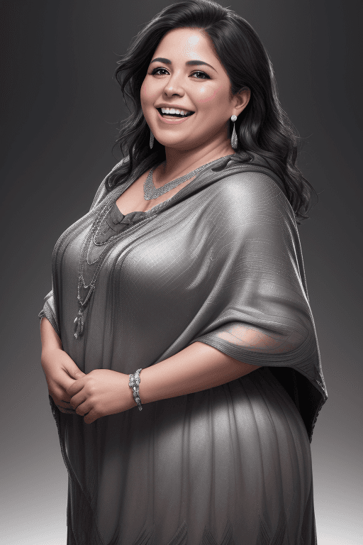 AI generated: dark background, dramatic light, backlight, rim lighting, (chubby:0.3), mexican woman 46yo, laughing...