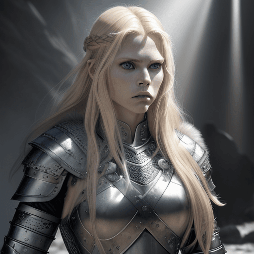 AI generated: Viking female warrior fierce, long blonde hair, high cheekbone, rough pale skin, blue eyes, symmetri...
