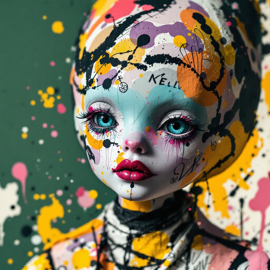 AI generated: A mixed media collage featuring squid game  killer doll from serie netflix figure adorned in vibrant...