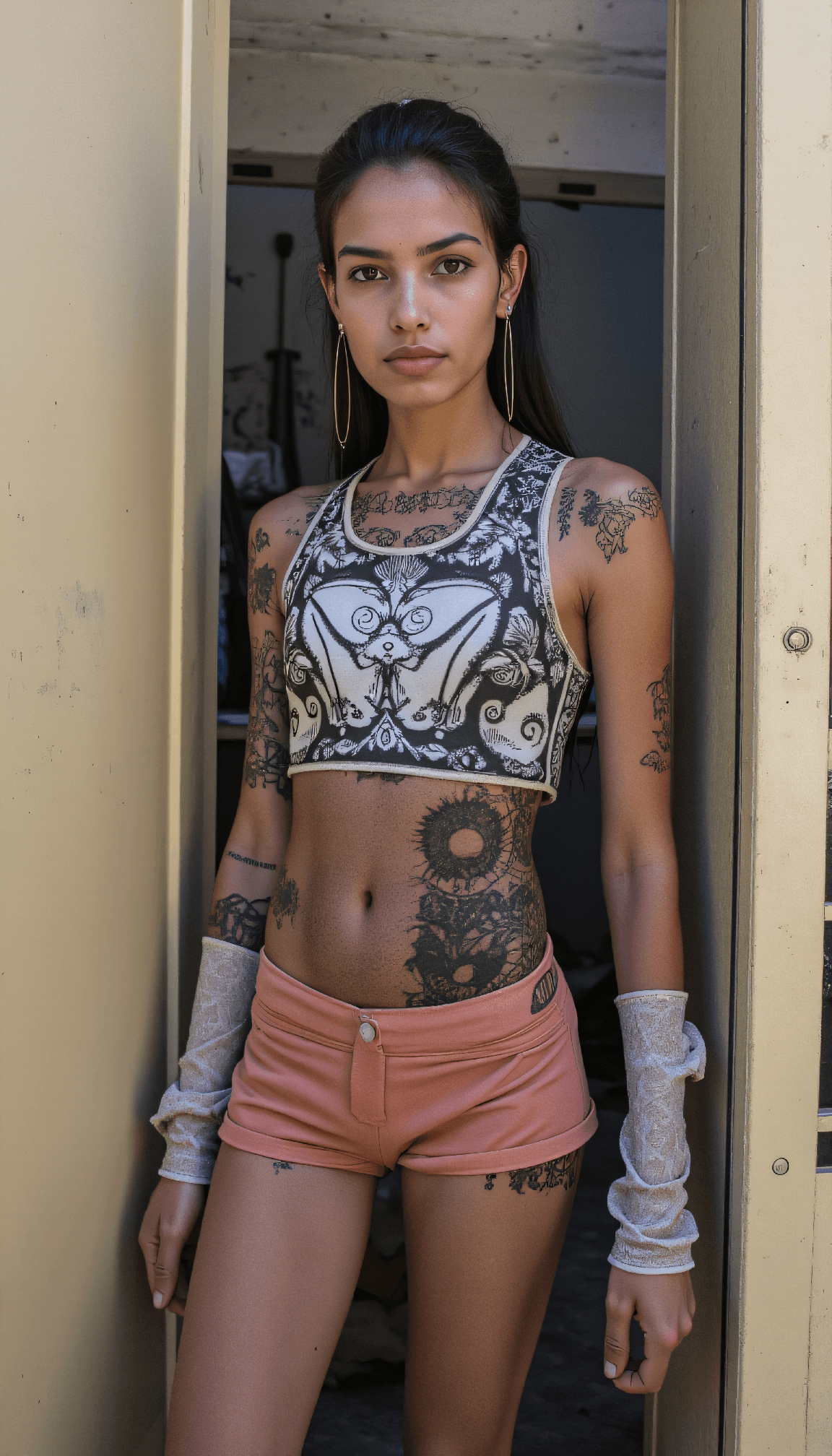 AI generated: Worm's-eye architectural view high angle half body photo of a 24-year-old Igbo-Slovak female chic Pa...
