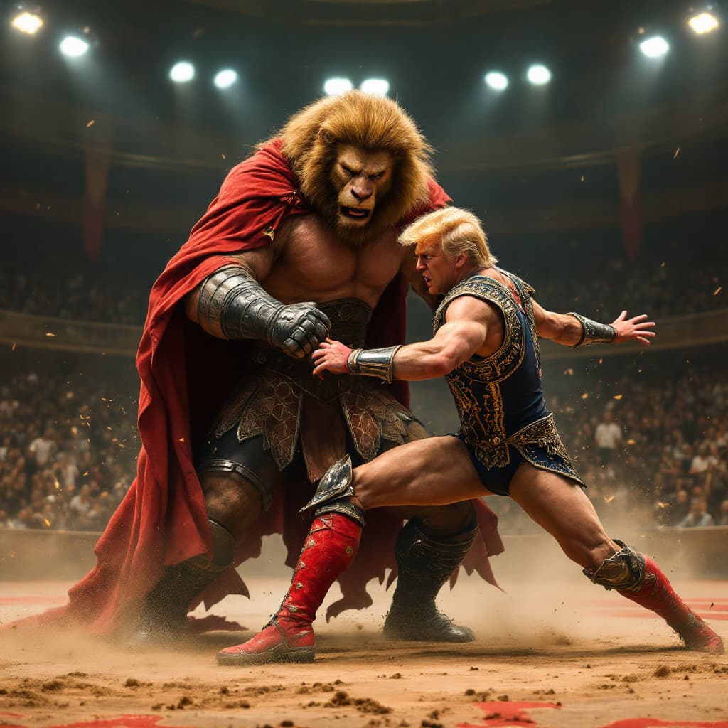 AI generated: Donald Trump gladiador, luchando contra un enorme león en la arena del circo romano