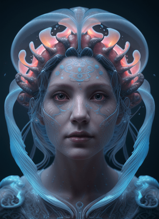 AI generated: Goddess close-up portrait ribcagel. jellyfish phoenix head, nautilus, orchid, skull, betta fish, bio...