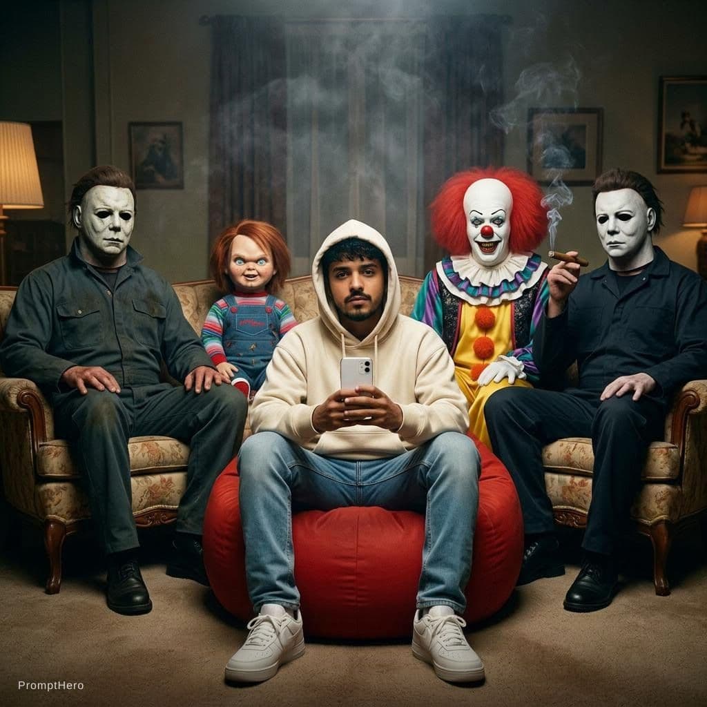 AI generated: {
 "title": "01_circle_on_couch_horror_icons",
 "type": "image",
 "identity_reference": {
 "use_...