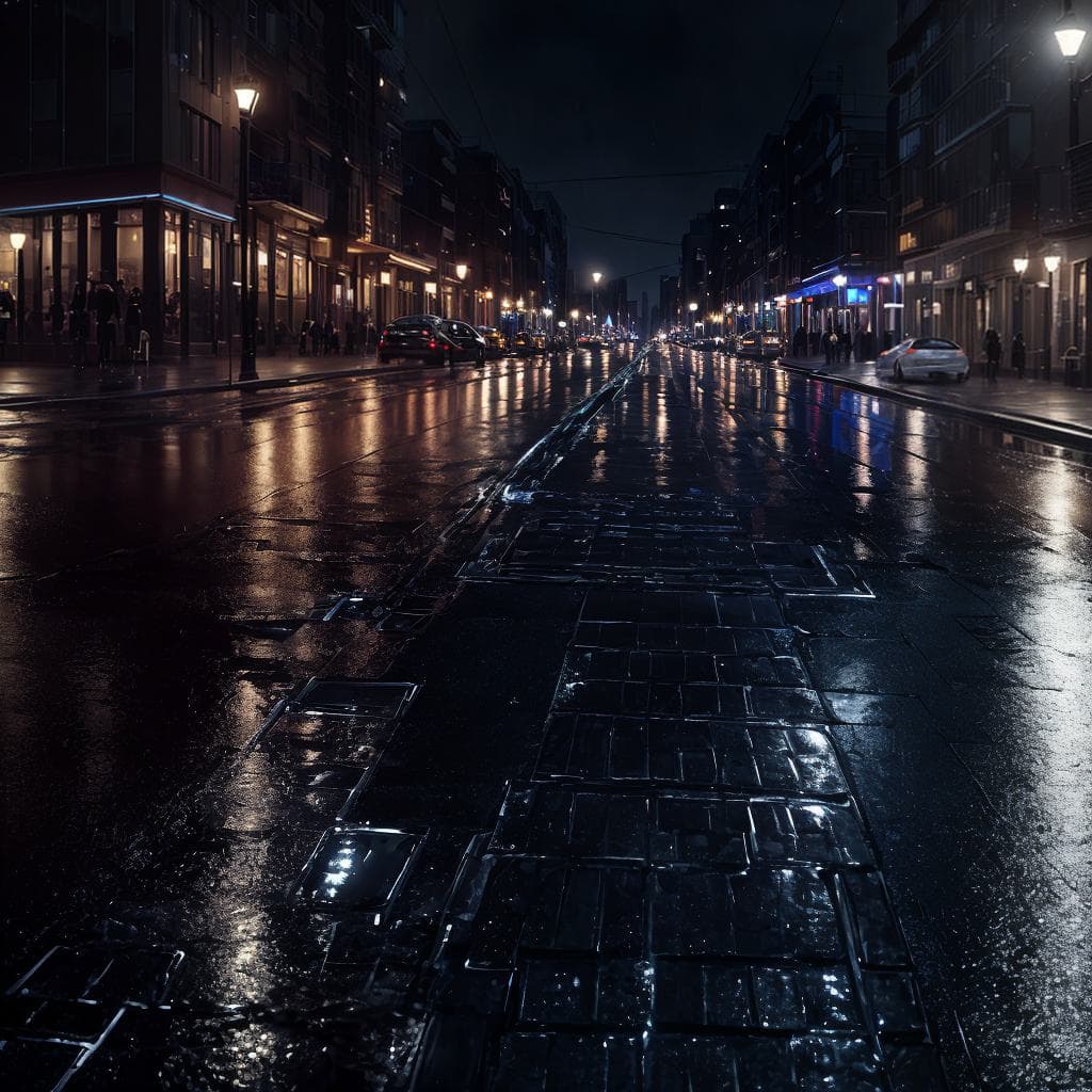 AI generated: Modern city, dark theme, night view, rain, water puddle reflections on streets, building lights, glo...