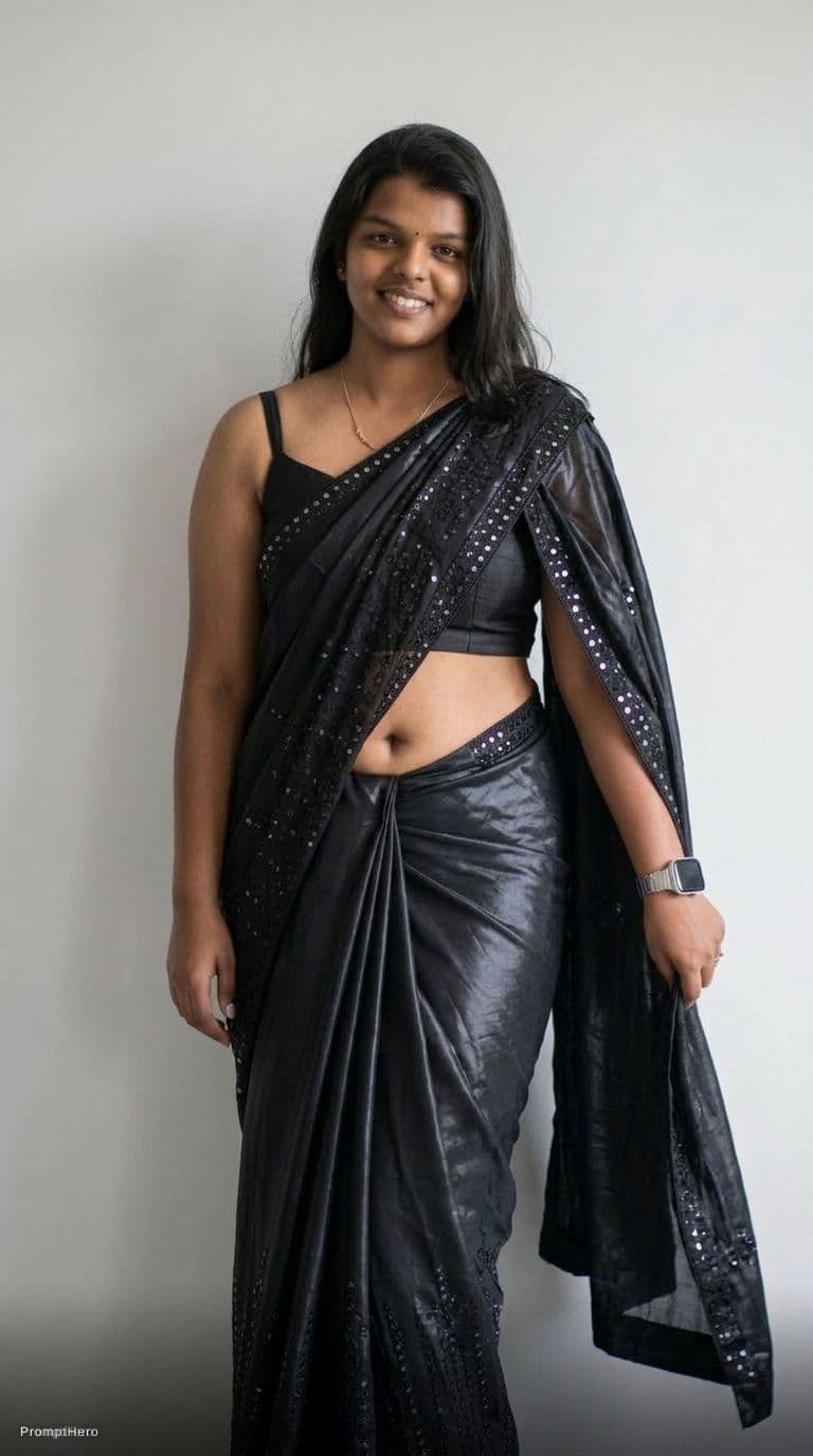 AI generated: Tamil girl. modern sexy glossy mirror saree, wearing saree saree saree model. glossy mirror saree Na...