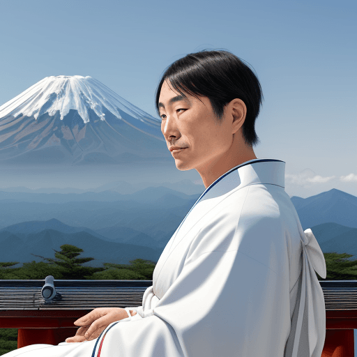 AI generated: Portrait of a Japanese man in kimono against the background of Mount Fuji in Japan. A man in a white...