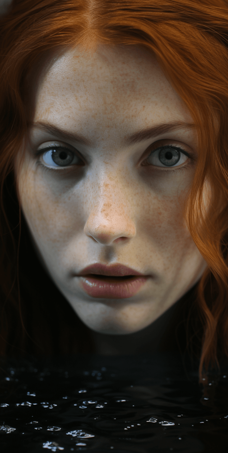 AI generated: beautiful woman with red hair in the water droplet, in the style of realistic and hyper-detailed ren...