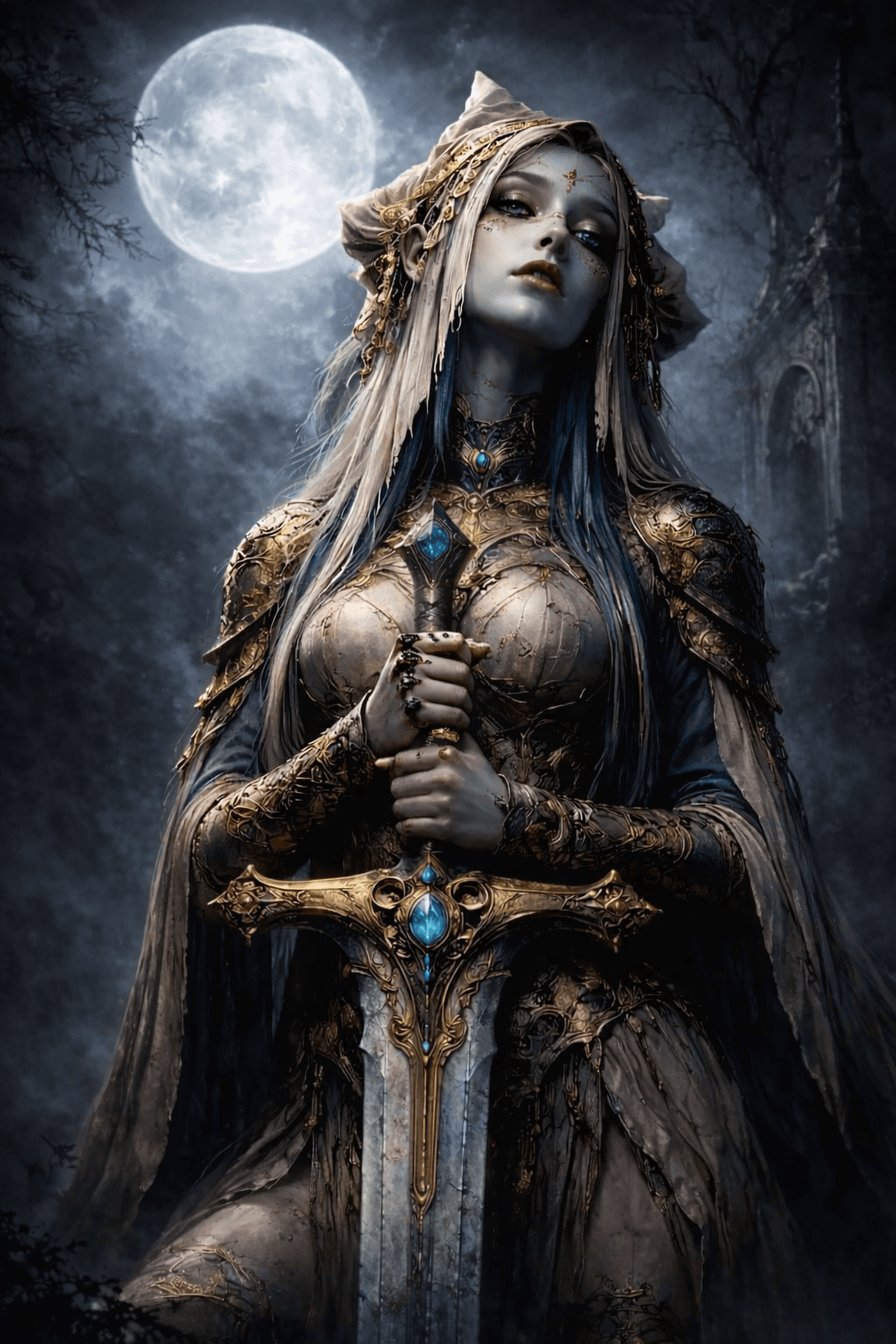 AI generated: A pale-skinned woman with sharp features and piercing eyes, possibly of elven heritage, is depicted ...