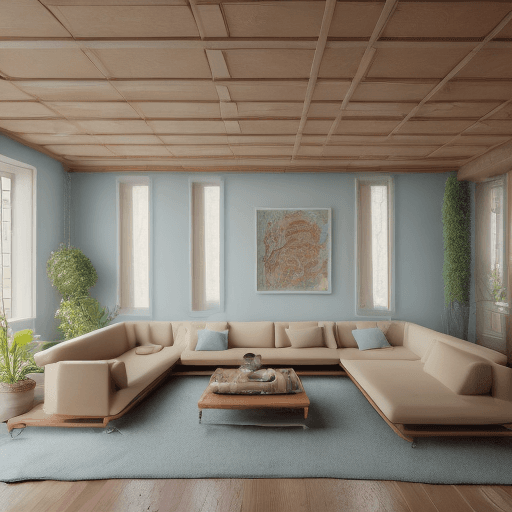 AI generated: High resolution photography interior design, dreamy sunken living room conversation pit, wooden floo...