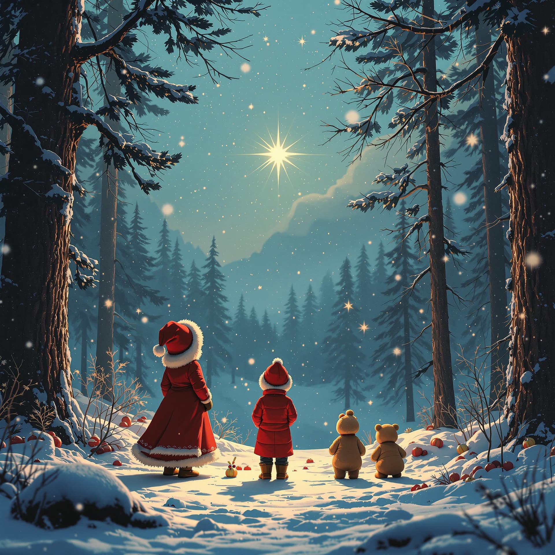 AI generated: Waiting for a New Year's miracle at forest, an epic poster-style photograph inspired by the soviet c...