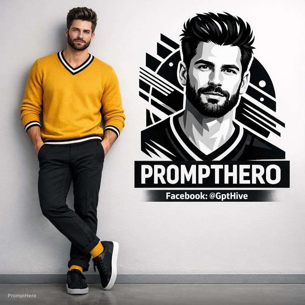 AI generated: "Ultra-realistic 8K full-body portrait of a stylish young man leaning casually against a clean light...