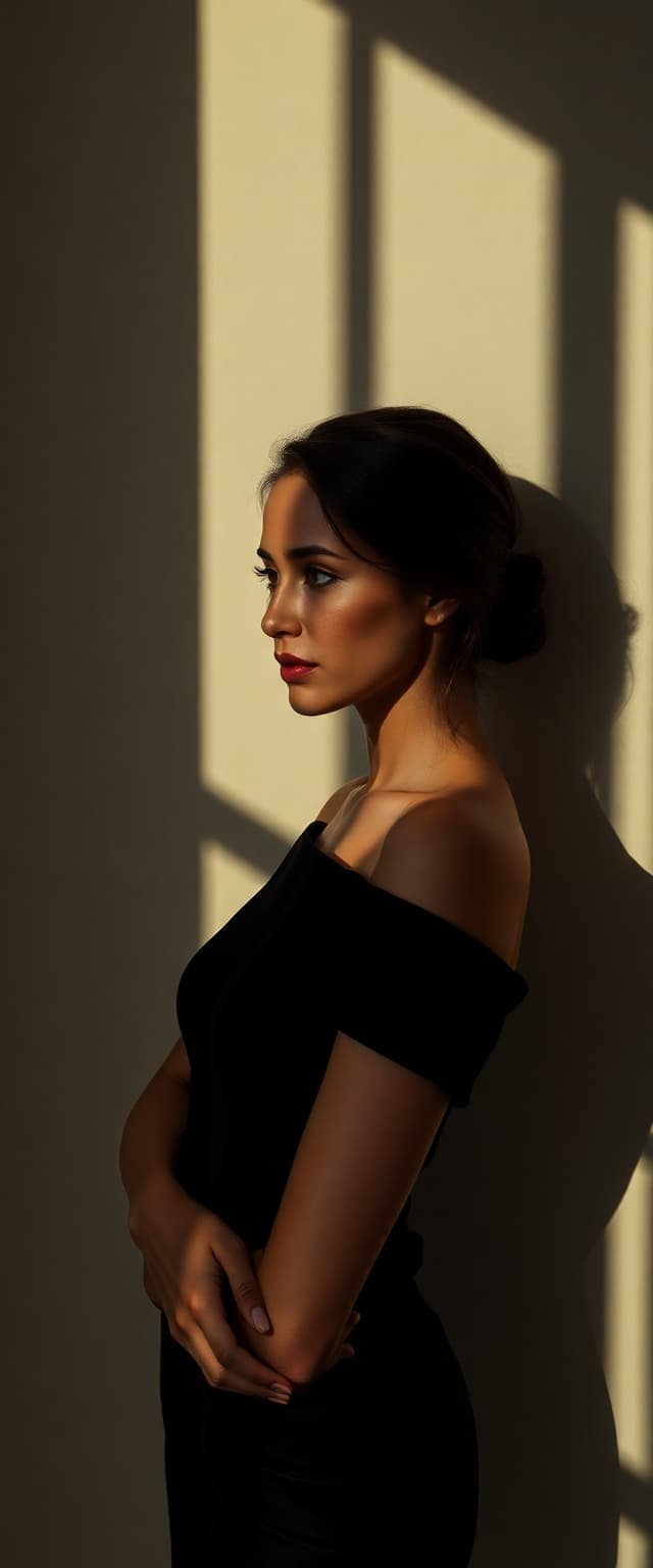 AI generated: high-resolution photograph, woman, stunning use of shadows, in the syle of crisp lines and forms,  U...