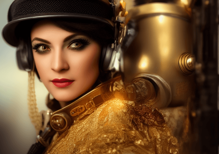 AI generated: portrait photo headshot by mucha, wearing a steampunk helmet, wearing a cyberpunk uniform, sharp foc...