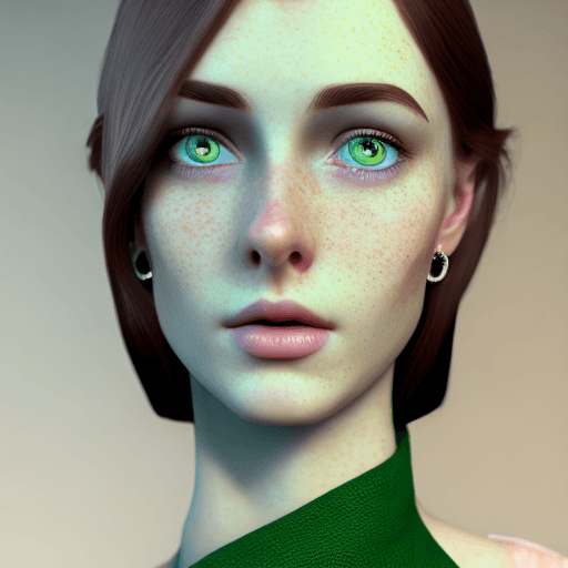 AI generated: young. beautiful lady, wearing a green dress, Pale Skin with freckles, , Almond-shaped Blue Eyes, Lo...