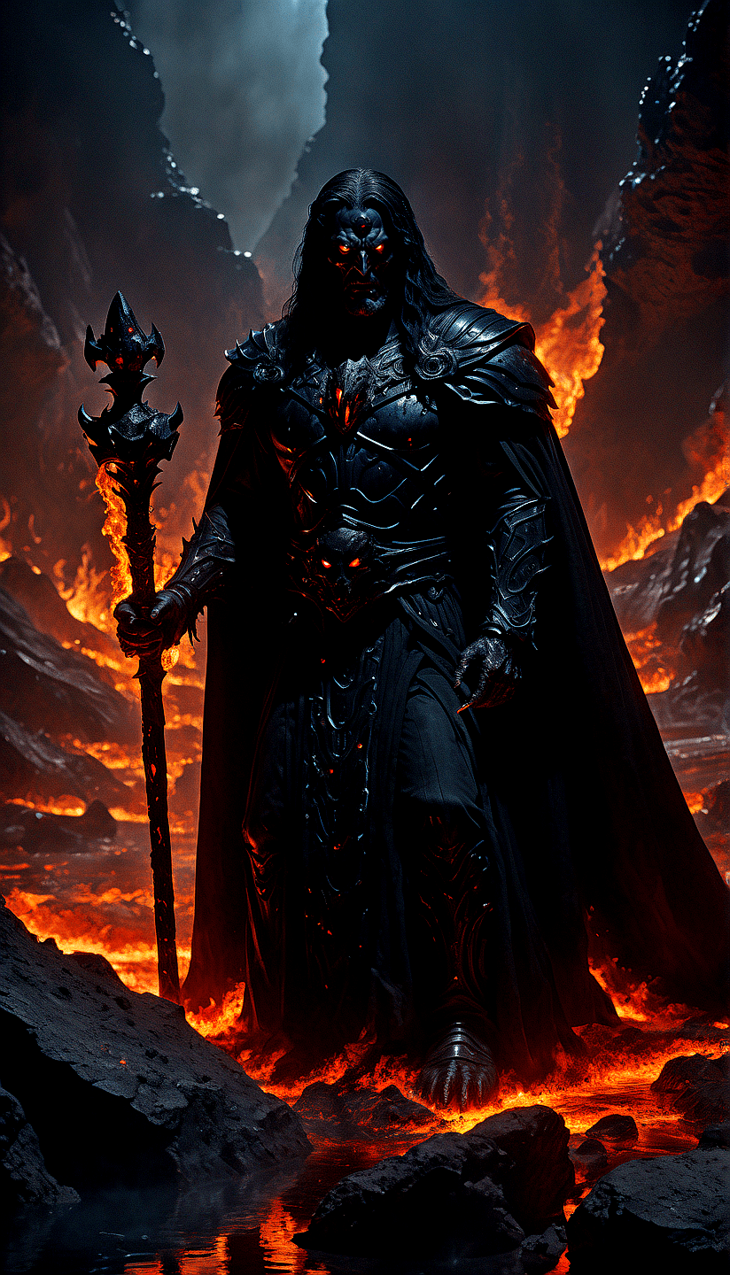 AI generated: Ruler of mortality and the netherworld (Greek Roman mythology: Hades), adorned in an opulent black r...