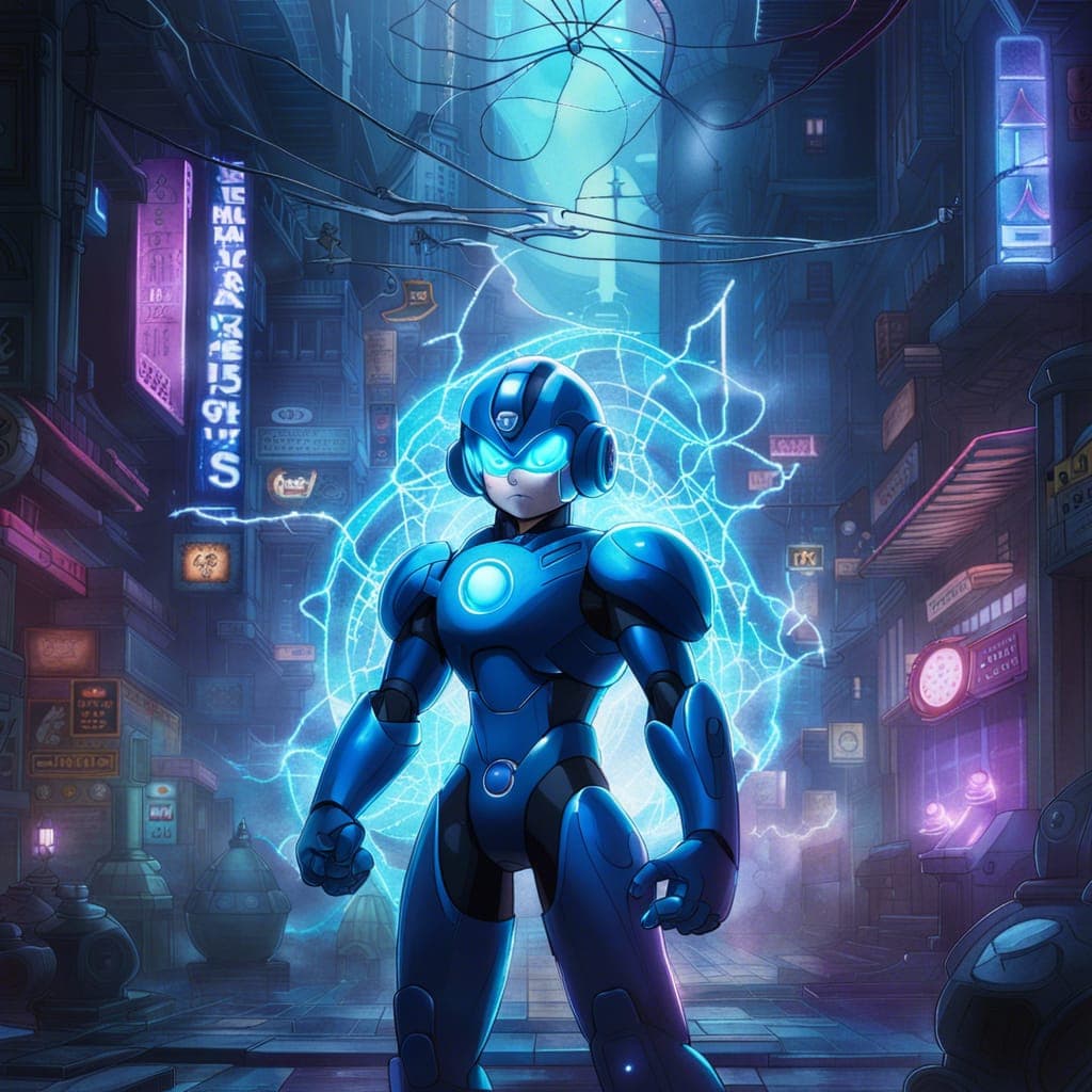 AI generated: Megaman wallpaper, cyberpunk male, epic scene, intricate details, magical, atmospheric, hyper realis...