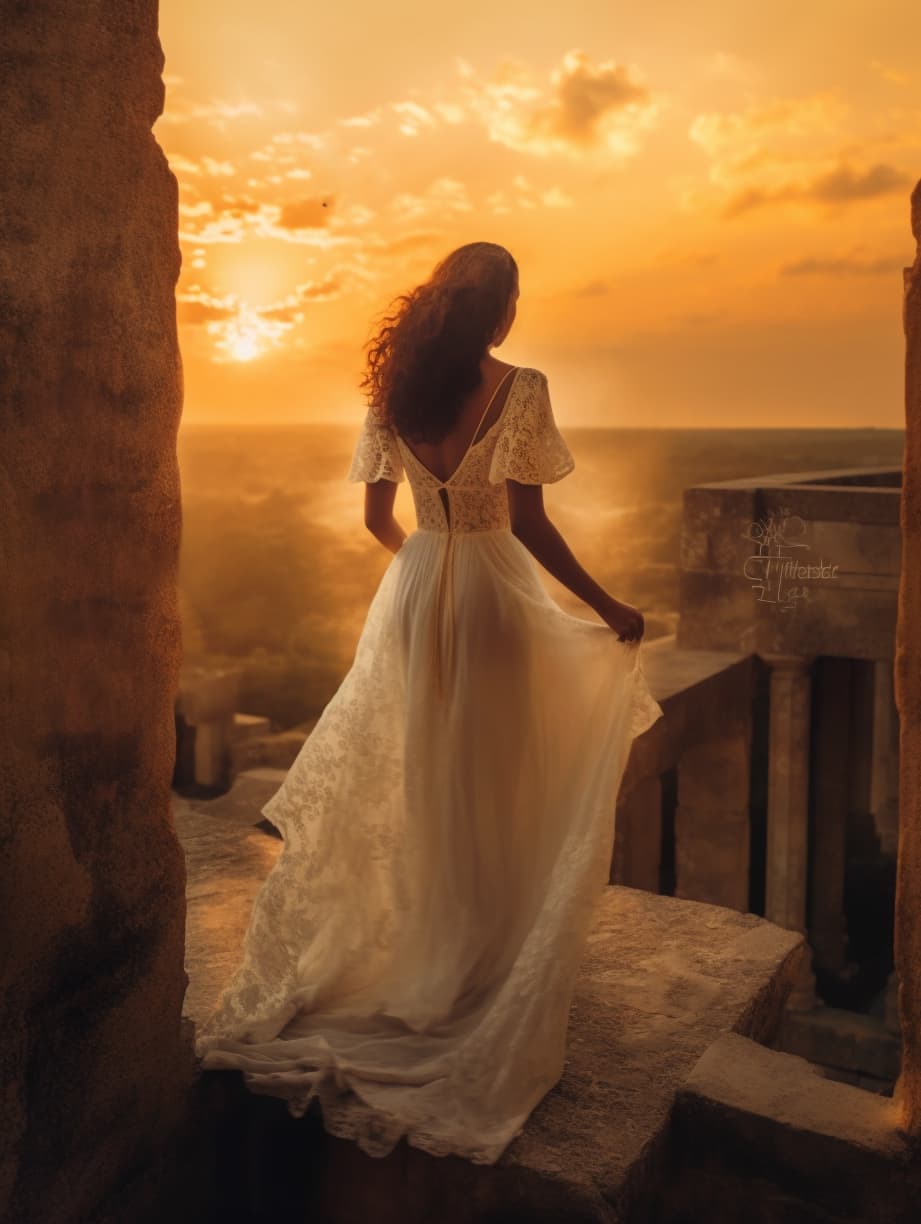 AI generated: a woman in a white dress standing on a ledge, looks like ebru şahin, sunset photo at golden hour, st...