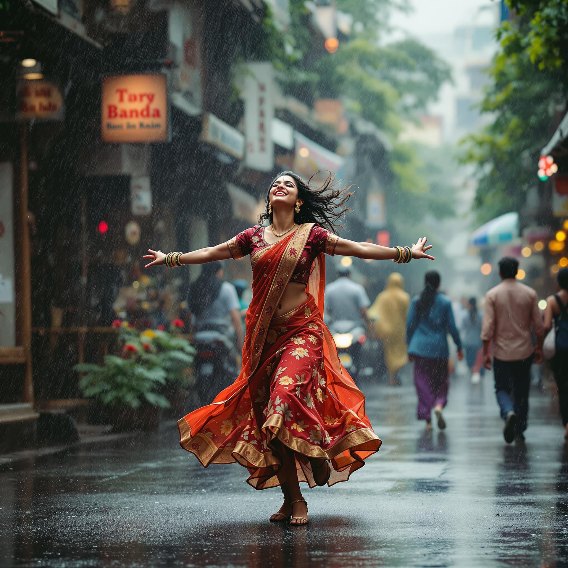 AI generated: An image depicting the metaphor of life as Indian girl dancing in the rain. Show a joyful and confid...