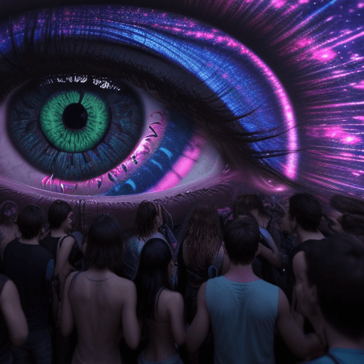 AI generated: Hyper realistic eye level exterior photo of a person dacing on a psytrance party, night, psychedlic,...
