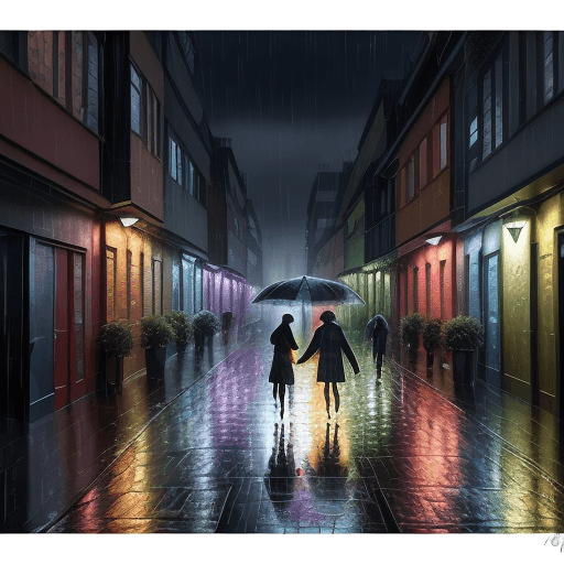 AI generated:  abstract, oil-on-canvas cityscape, skilfully capturing a couple's nocturnal stroll down a rain-soak...
