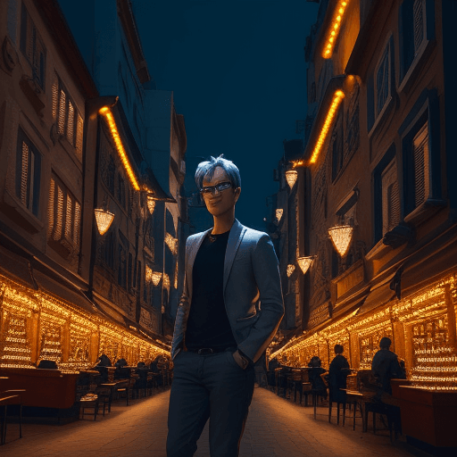 AI generated: Jonnhy Silverhand in glasses in Night City. sun old town