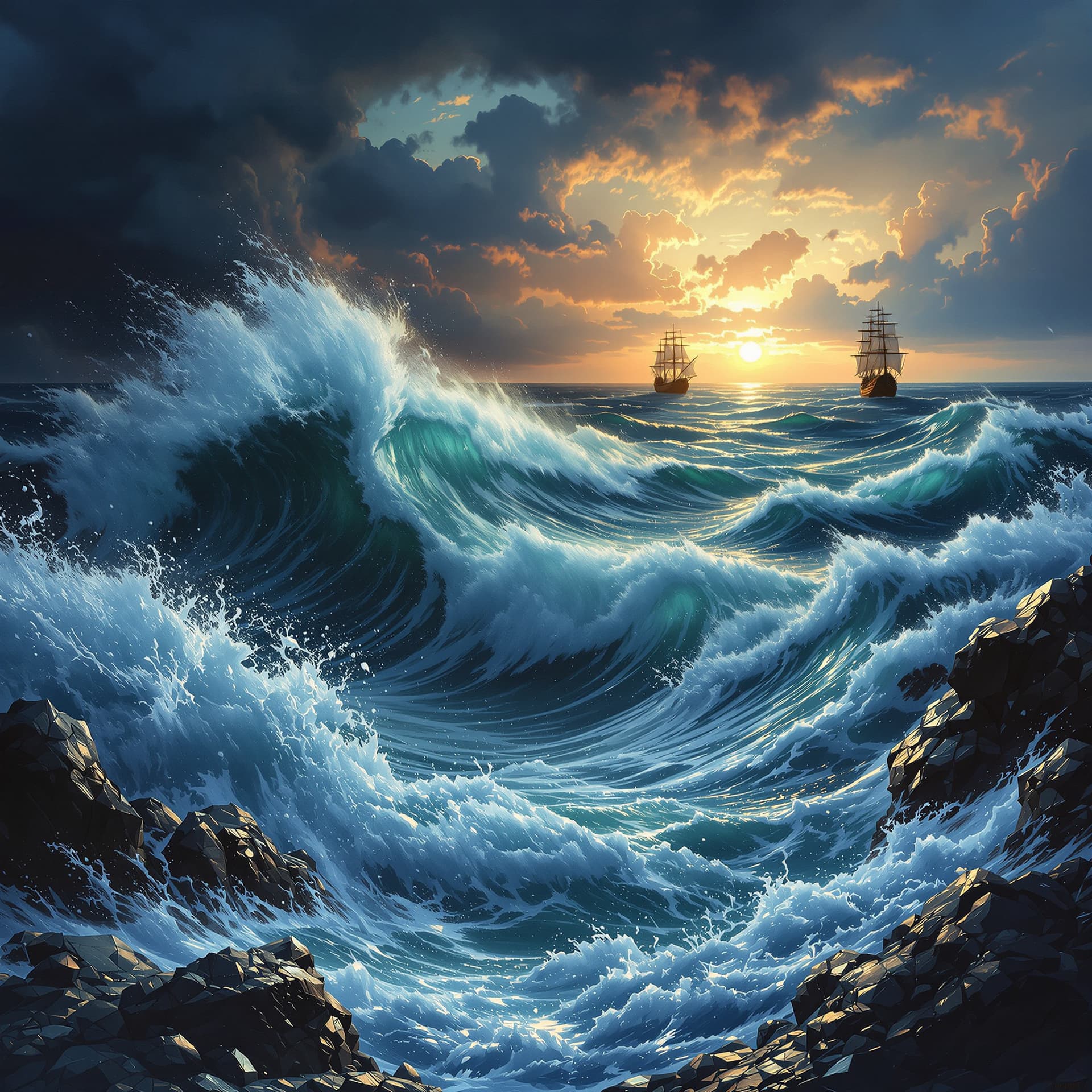 AI generated: A stormy ocean with towering waves crashing onto giant quartz crystals, dark clouds, dramatic energy...