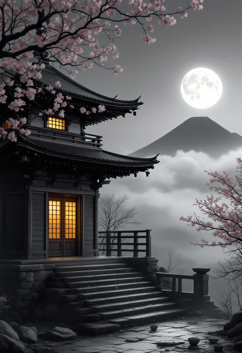 AI generated: An ancient Japanese pagoda, off-center right, simplified wood texture (soft grain, faint cracks), mu...