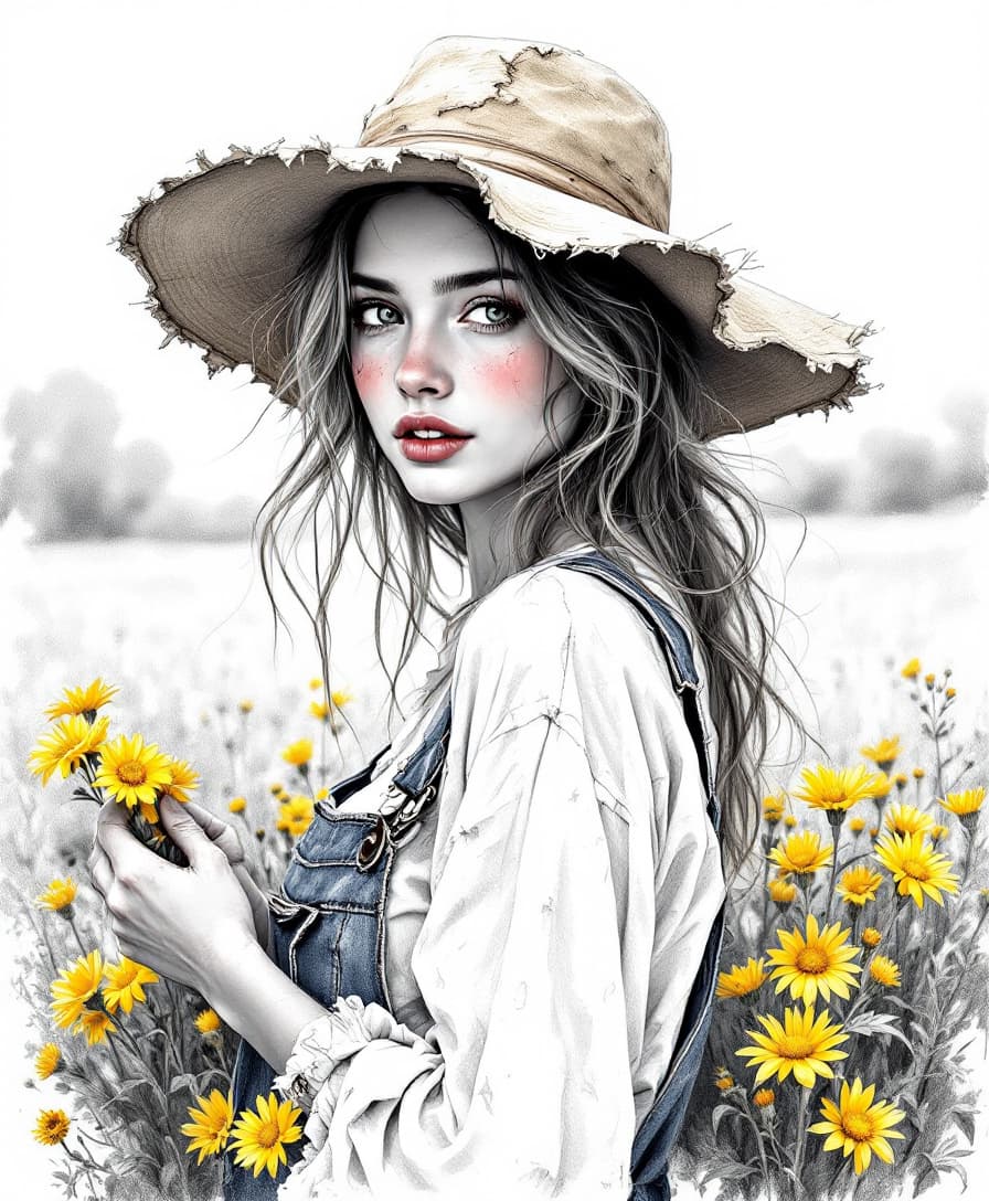 AI generated: Prompt:  Whimsical but ultra realistic grey pencil sketch of a woman with messy caramel blonde hair ...