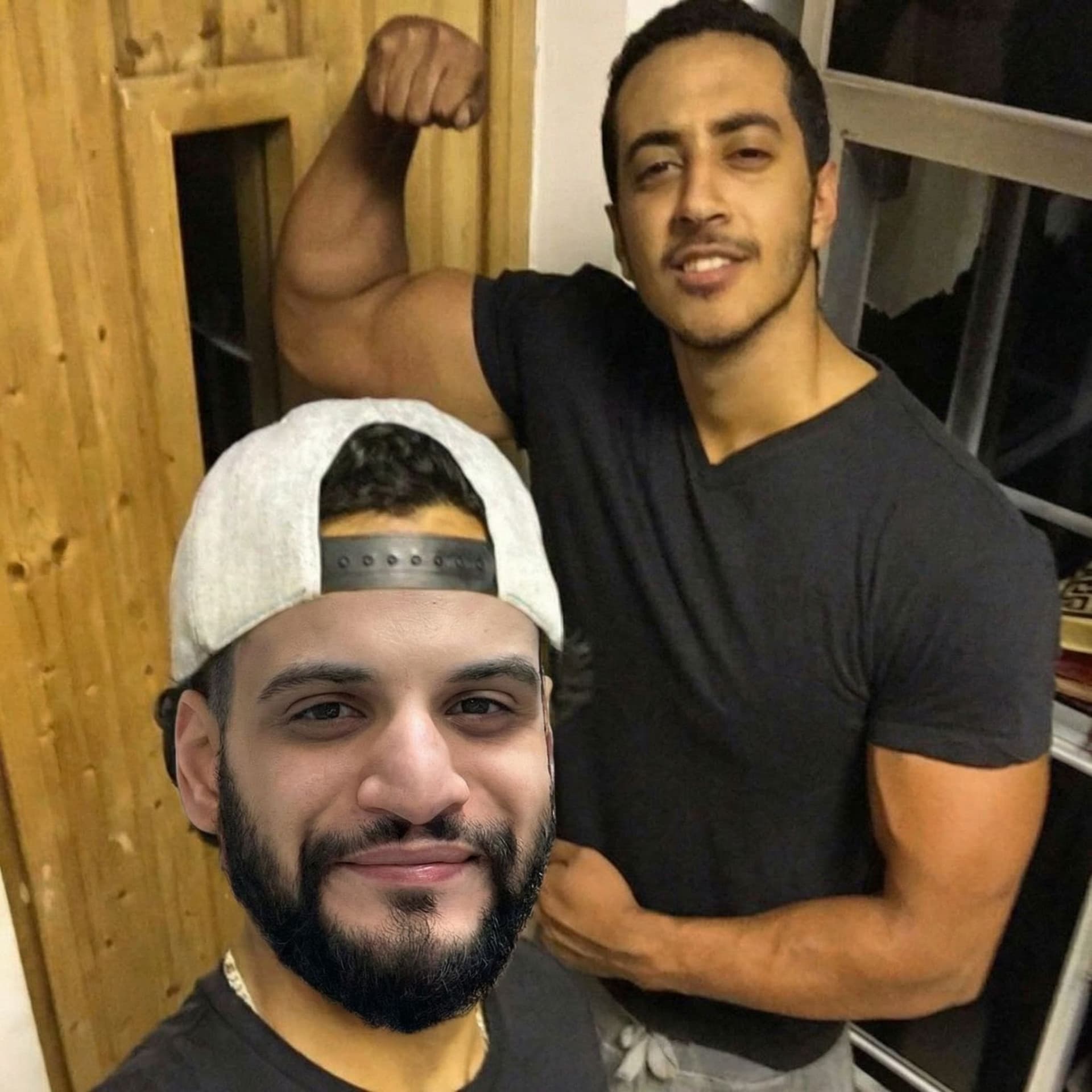 AI generated: Swap the face of the male who wears white cap by the face who wears red cap in the second uploaded p...