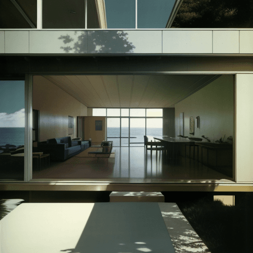 AI generated: Hyper realistic eye level exterior photo of a mid century modern style house overlooking the ocean, ...