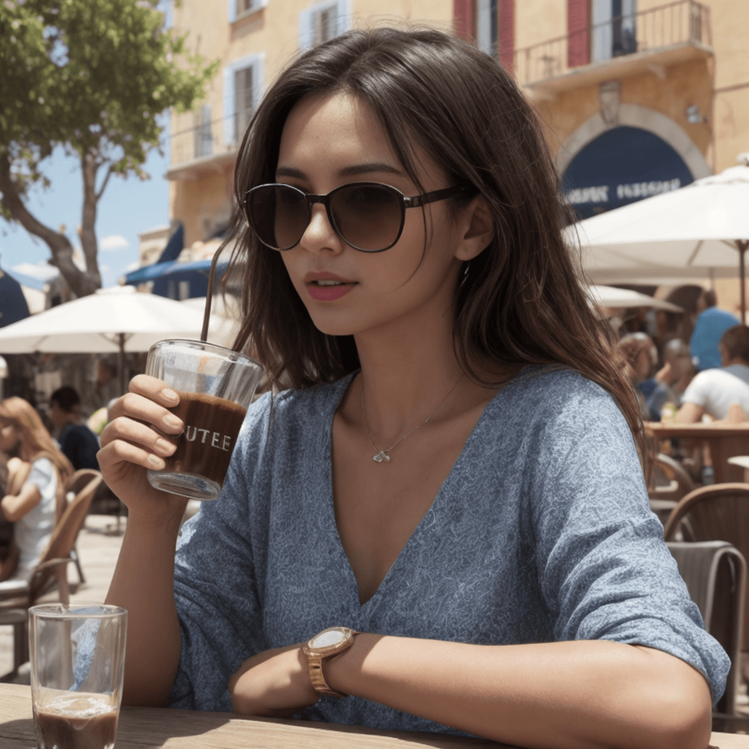 AI generated: mid shot, dynamic angle, girl drinking coffee at a cafe in st tropez, south of france, (french:0.3, ...