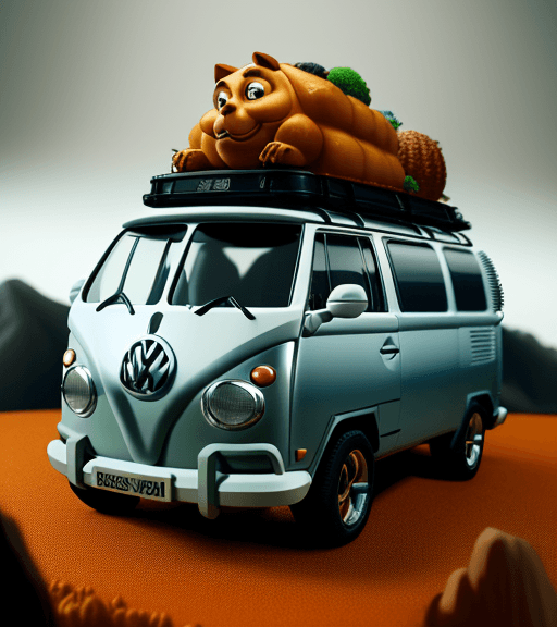AI generated: a vw t5 campervan that has been converted into a research van, fantasy, scooby doo, character design...