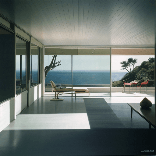 AI generated: Hyper realistic eye level exterior photo of a mid century modern style house overlooking the ocean, ...