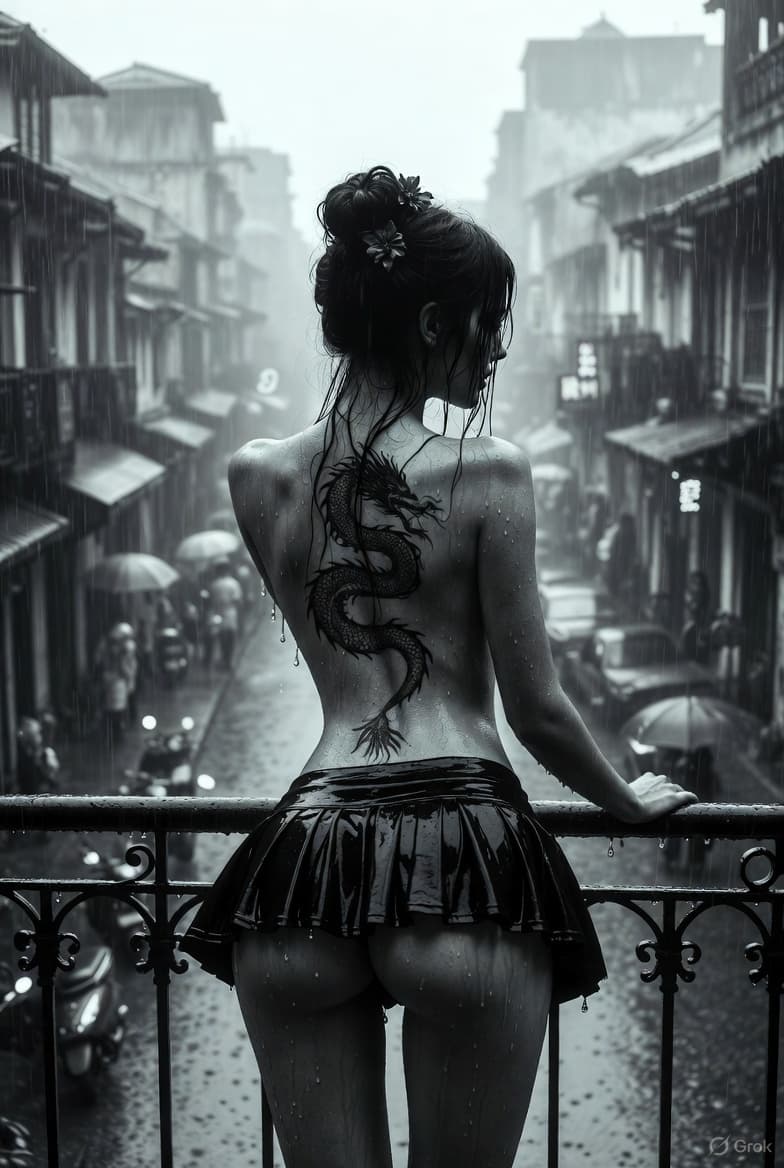 AI generated: An old photograph old coloring in the year 1900s, of a young Chinese woman viewed from behind, stand...