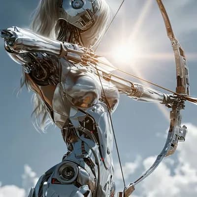 AI generated video: Robotic archer slightly adjusts its aim and shoots off an arrow in a crisp, precise motion, then rel...