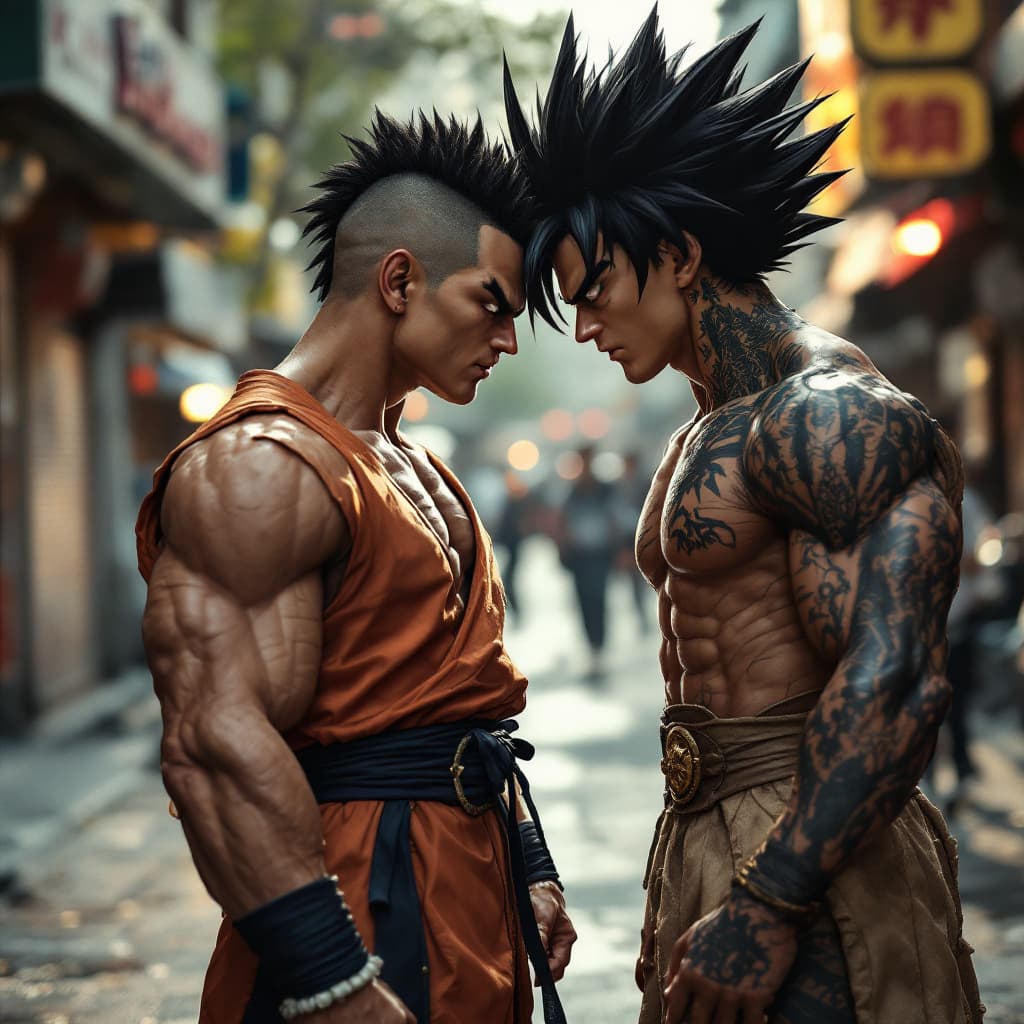 AI generated: Caption American of Manvel Posing and Son-Go-Ku of Dragon Ball manga face to face on street