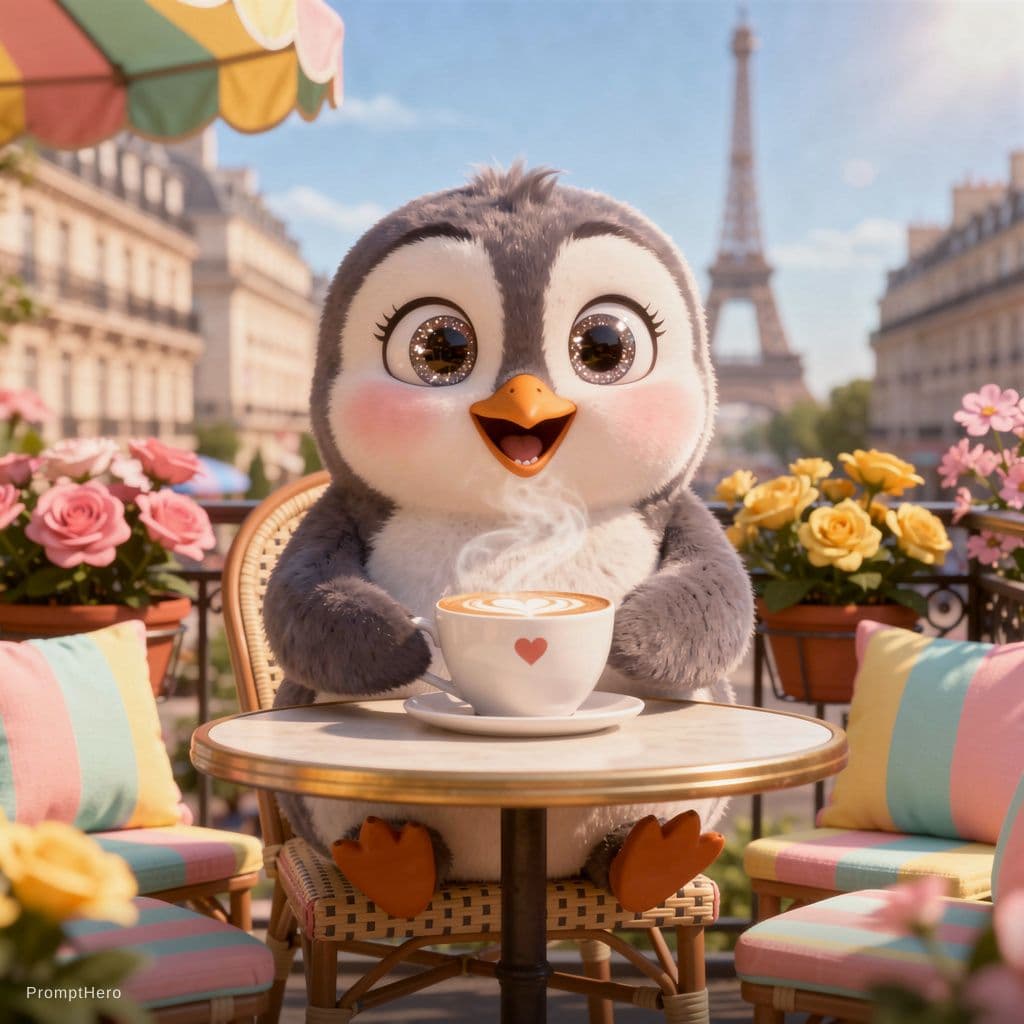 AI generated: A fluffy cartoon penguin happily drinking cappuccino at a colorful café terrace in Paris, bright pas...