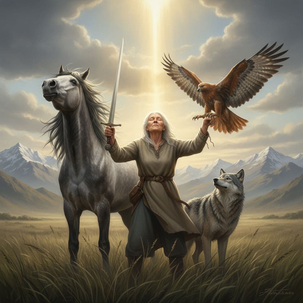 AI generated: old woman, standing, wearing belted tunic, one sword raised, other arm raised, looking up, eyes clos...