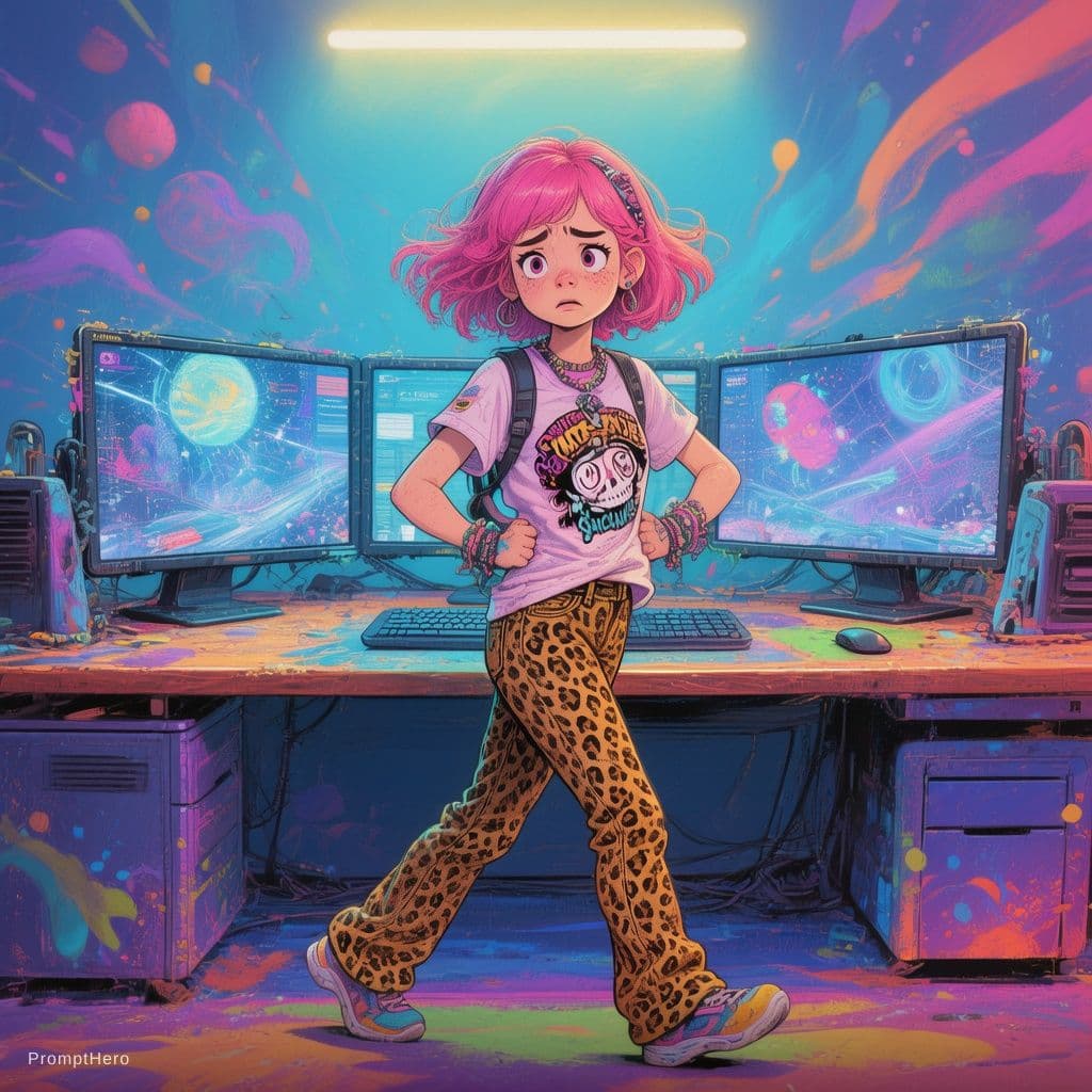 AI generated: An image of a girl walking back and forth in front of her desk, wringing her hands. She has pink hai...