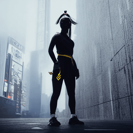 AI generated: a beautiful athletic woman samurai dressed in white cyberpunk streetwear, city street background, go...