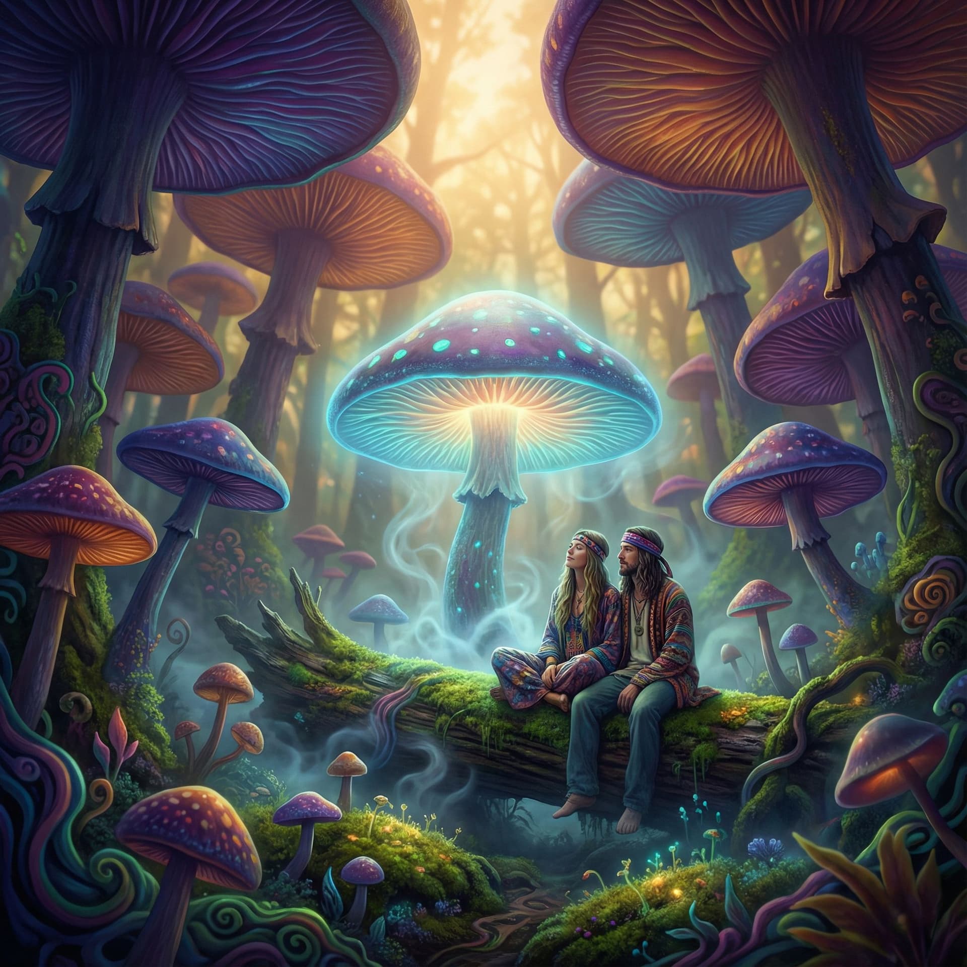 AI generated: Psychedelic, surreal. A mystical forest at dawn, soft golden light filtering through ancient giant m...