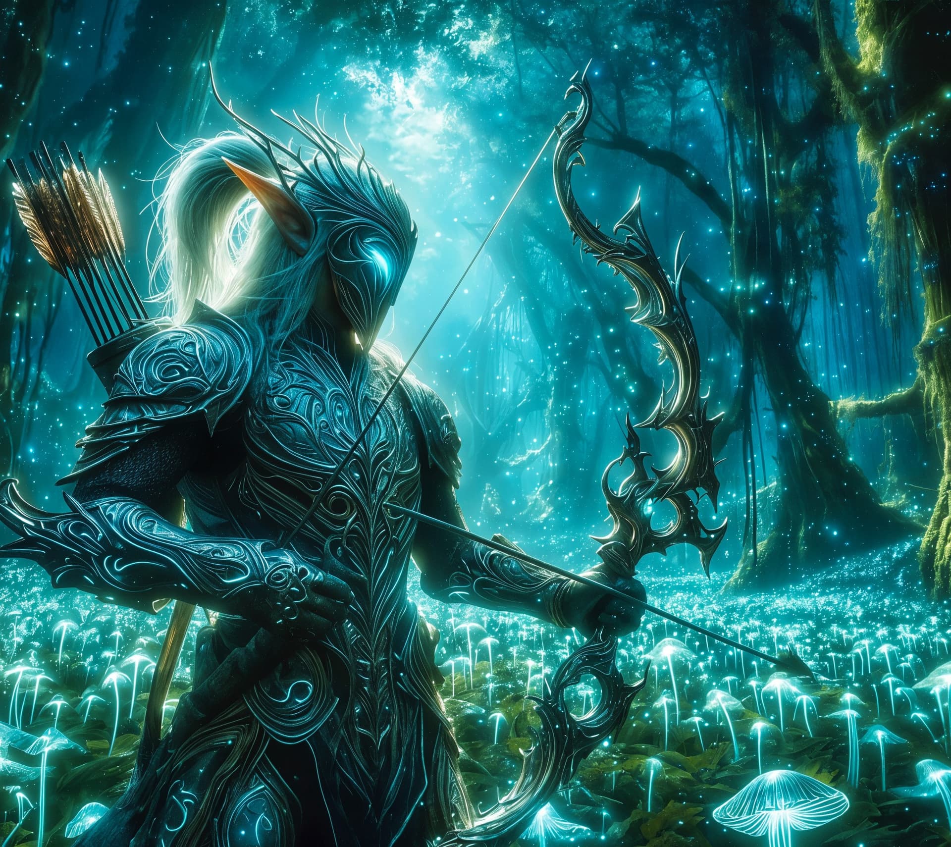 AI generated: A hyper-detailed, ultra-high DPI (300+ DPI) photograph of an elf archer with intricate armor and a b...