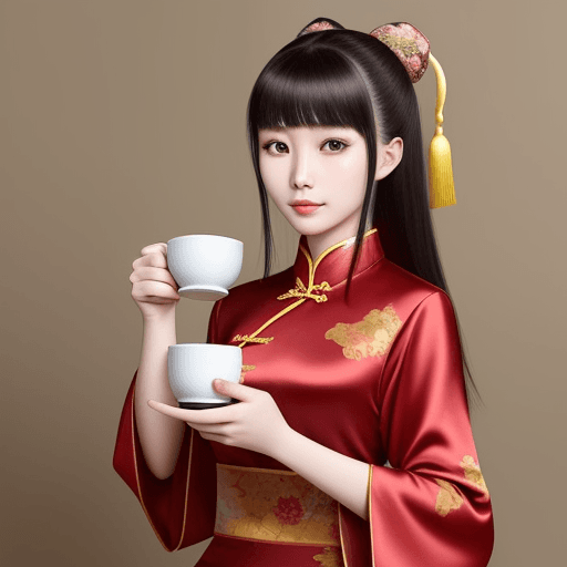 AI generated: 25 year old chinese woman, holding a cup of coffee.wear silk cloths of westen style ,sex