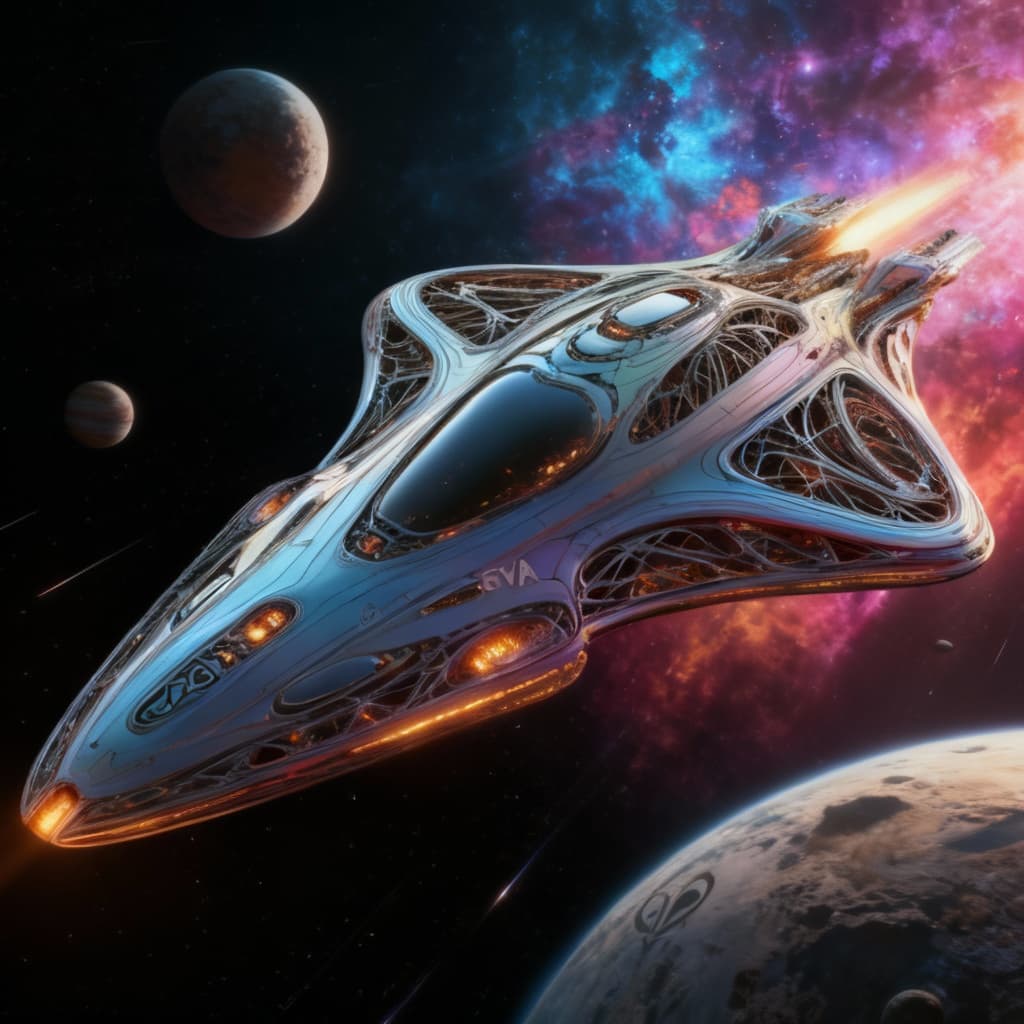 AI generated: Reimagine, in detail, the alien spaceship to show a new design. Reposition and add or change paint c...