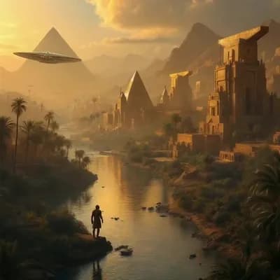 AI generated video: A vast golden Abydos Eygpt City in the back of rich thick lush beautiful jungle  thives with rivers ...
