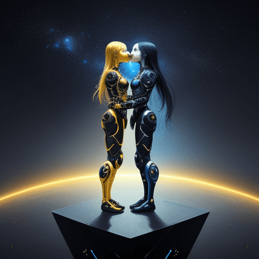 AI generated: Two cyborgs kissing, standing on the edge of the universe, symmetrical, splash of stars, golden rati...
