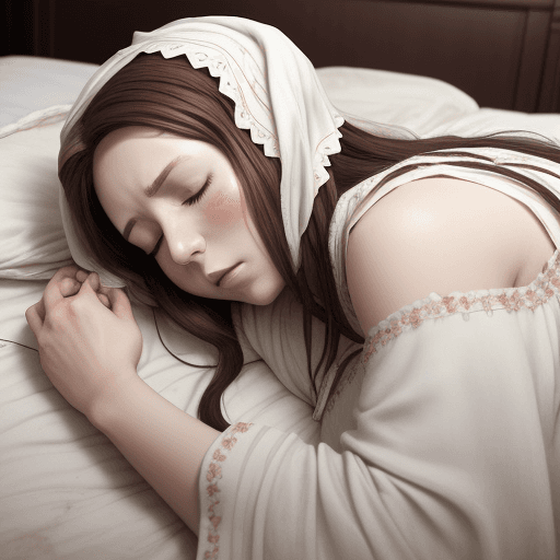 AI generated: a  anime scene of a dead  mom in a bed closed eyes  brown hair wearing shabby white traditonal berbe...